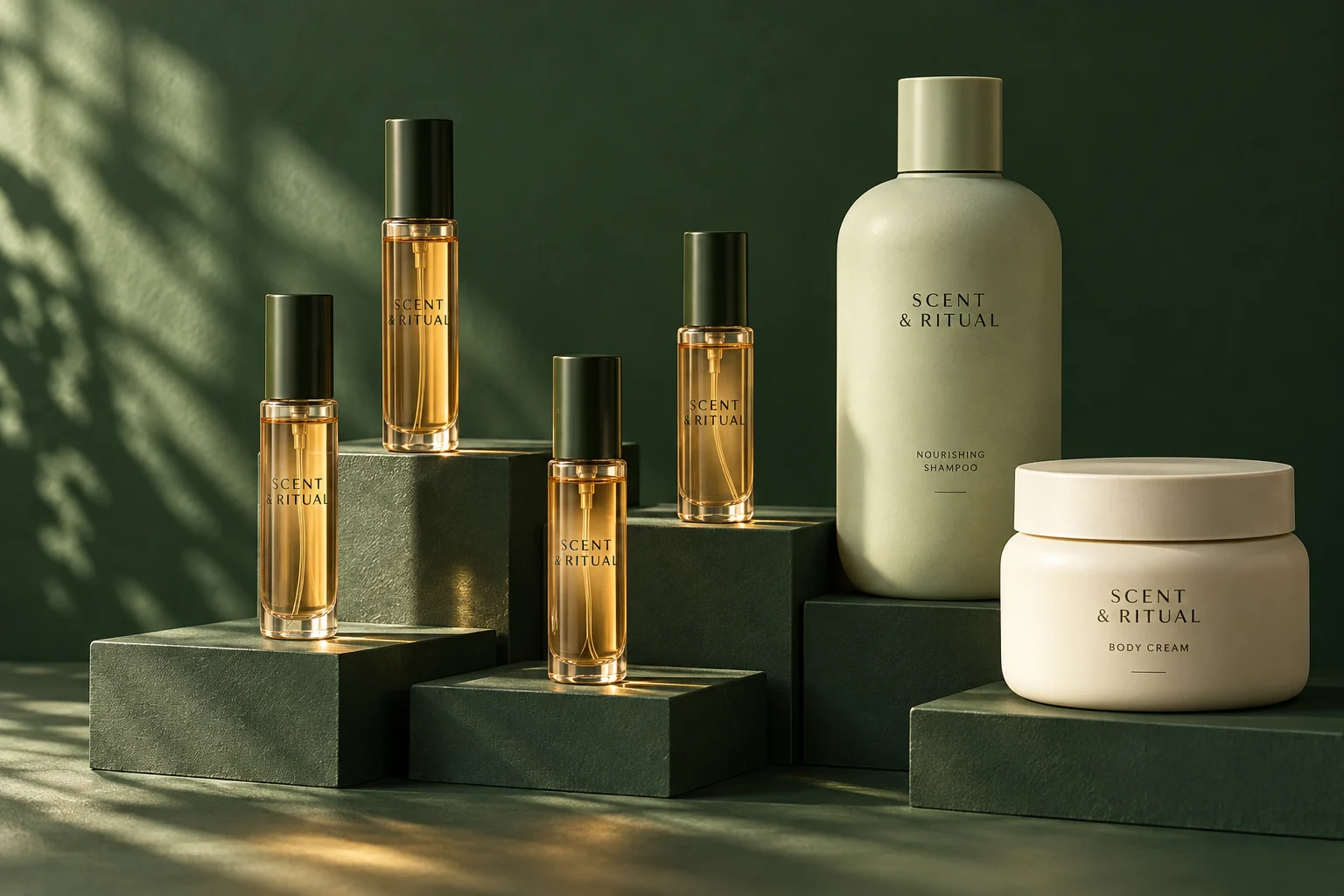 Concept packaging mockup of Scent & Ritual bottles